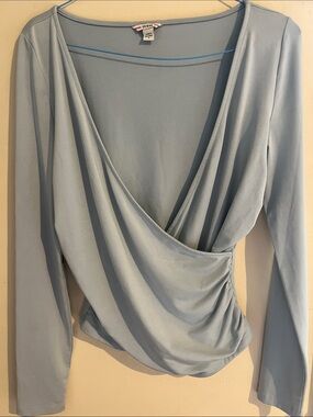 GUESS Pale Blue Draped Surplice Long Sleeve Top